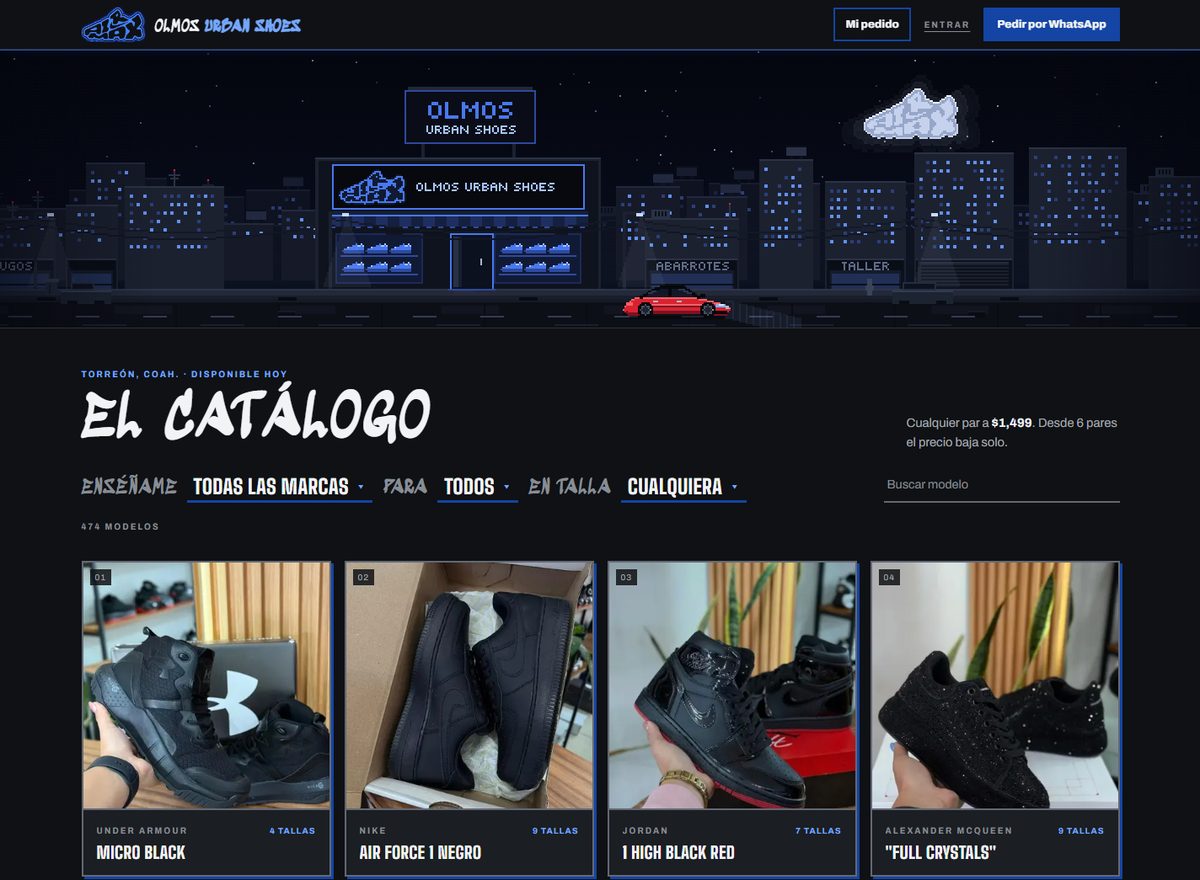 Portada del sitio de Olmos Urban Shoes: ciudad en pixel art y catálogo de tenis con filtros